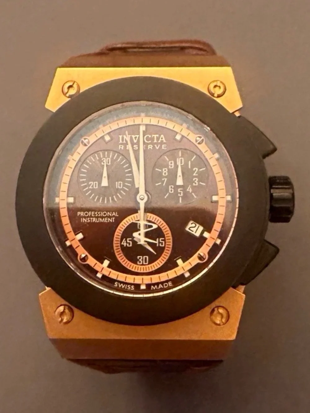Invicta Black and Gold Chronograph Leather-Strap Watch